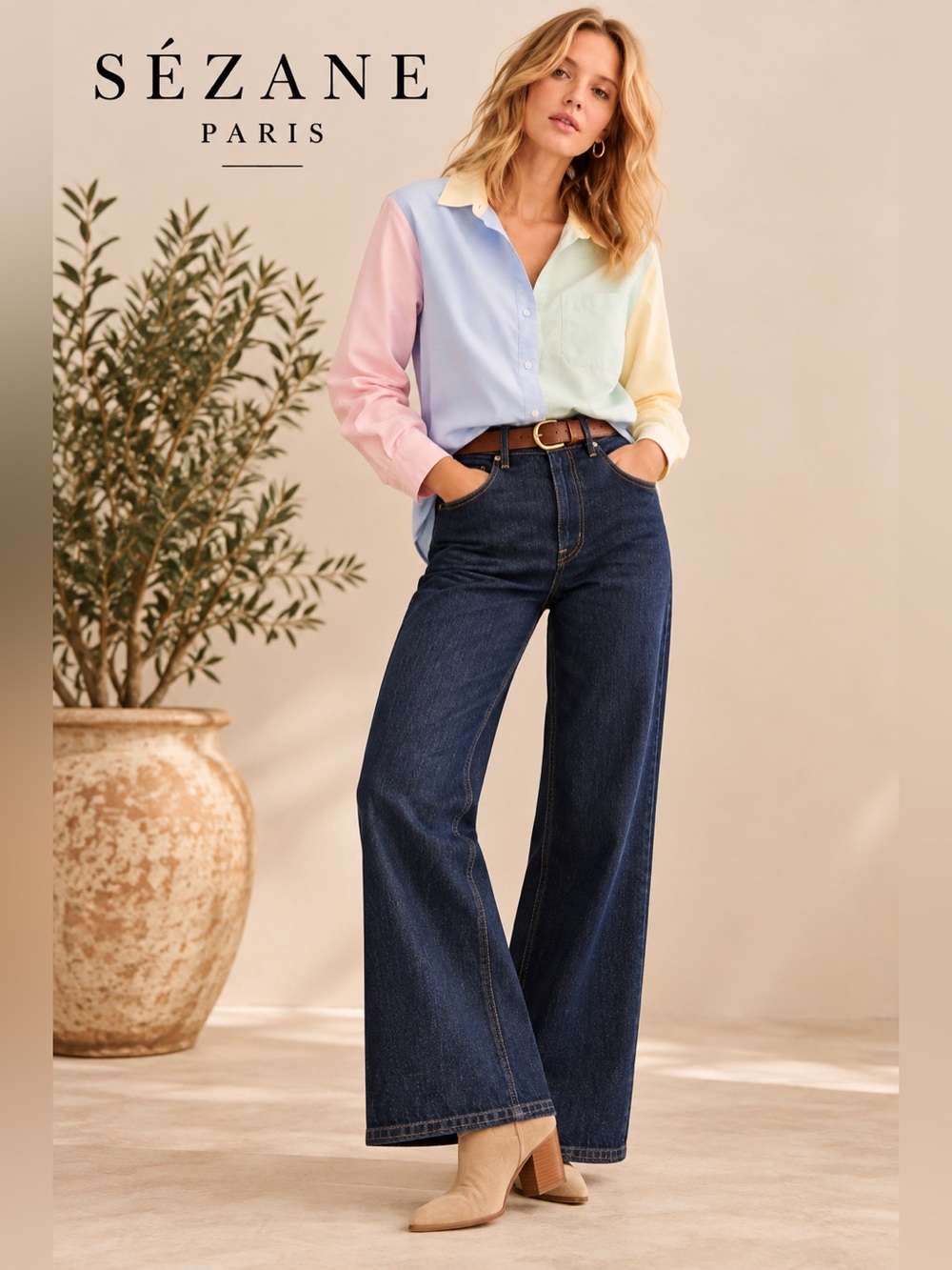 Sézane Tomboy Shirt Colorblock Pastel Organic Cotton Button Down | EU 36 / US 4